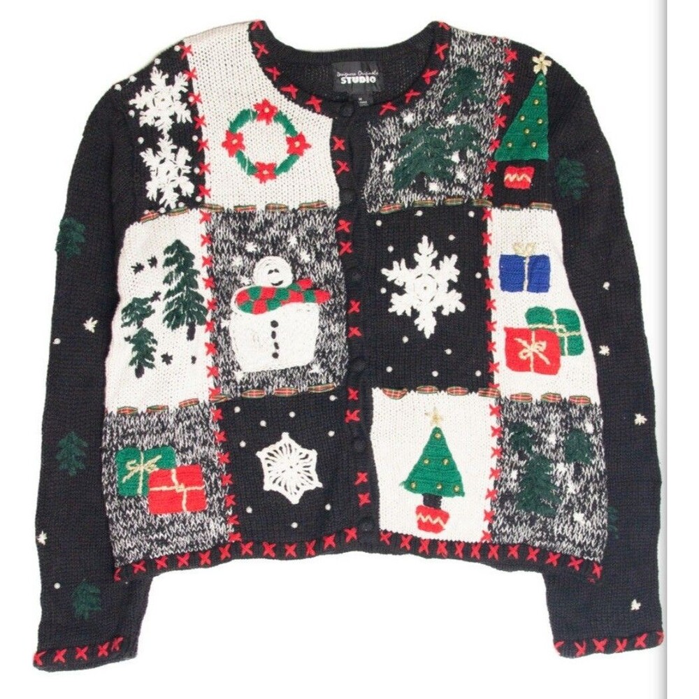 VTG Ugly Christmas Sweater Patchwork Embellished Beaded Cardigan PM